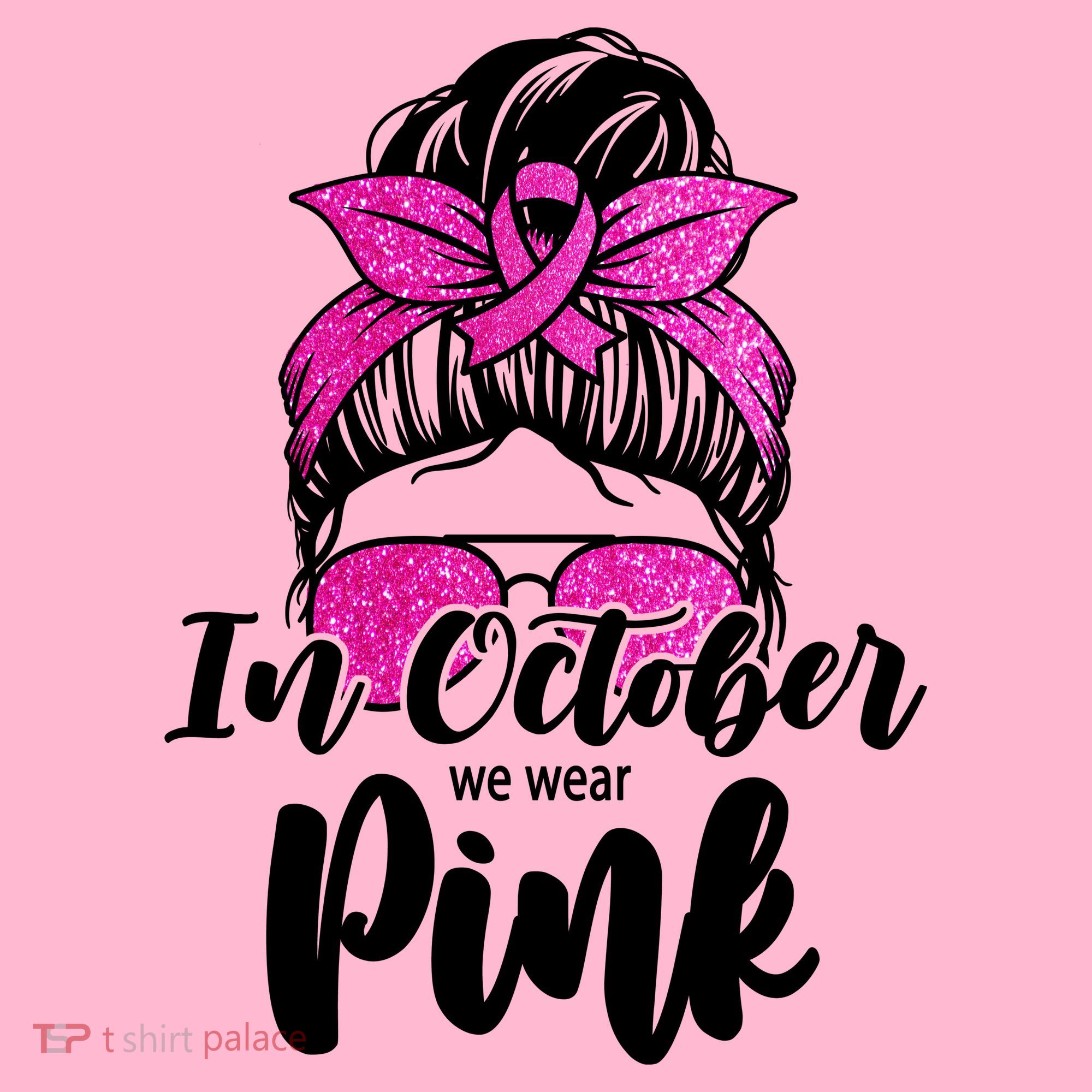 In October We Wear Pink Messy Bun Breast Cancer Kids T-Shirt