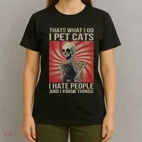 I Pet Cats I Hate People And I Know Things Skeleton Kitty T-Shirt thumb 4