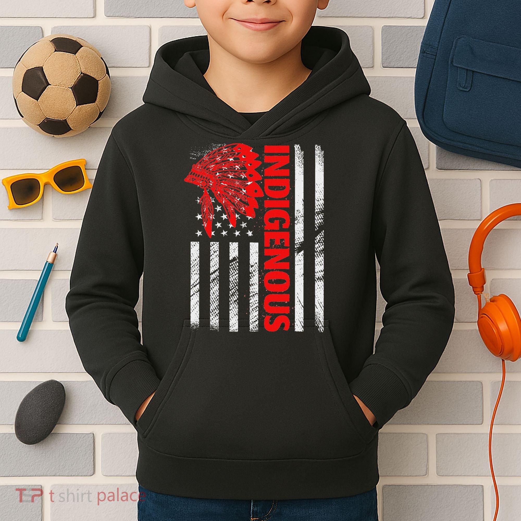 Indigenous Peoples Day Distressed Headdress Usa Flag Kids Hoodie