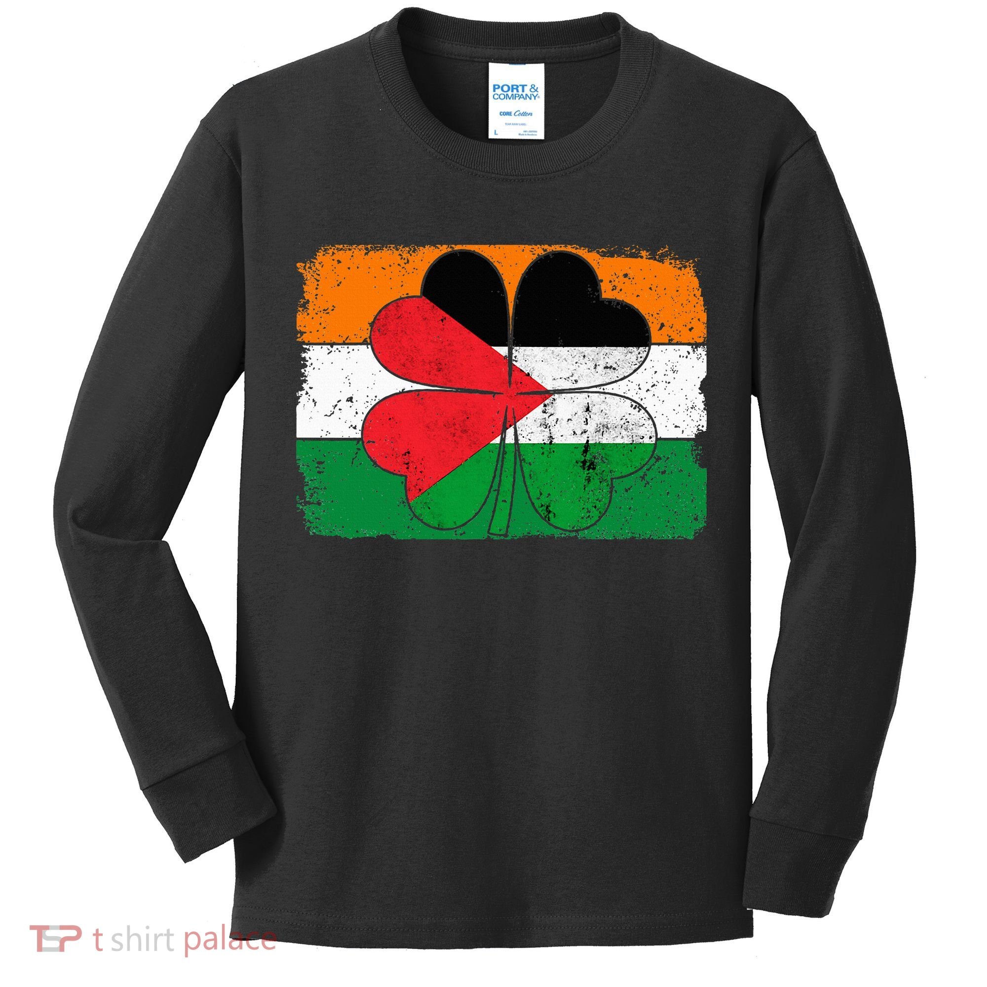 Irish Palestine Flag Ireland Shamrock St Patricks Day Kids Long Sleeve Shirt