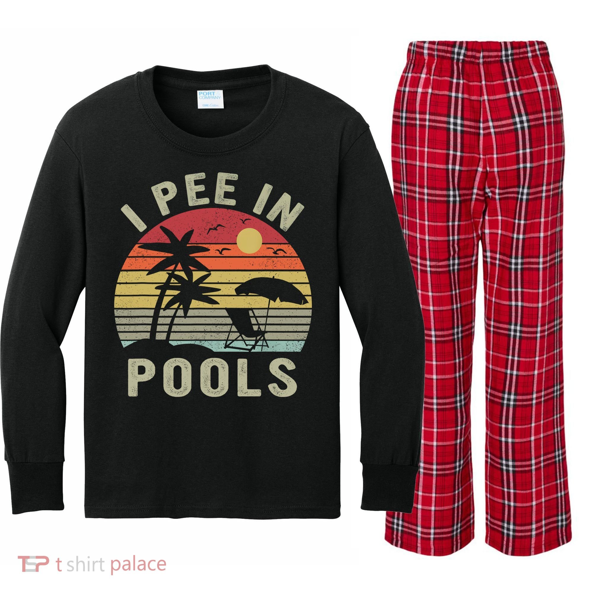 I Pee In Pools Sarcastic Sayings For Pools Lovers Retro Kids Long Sleeve Plaid Pajama Set