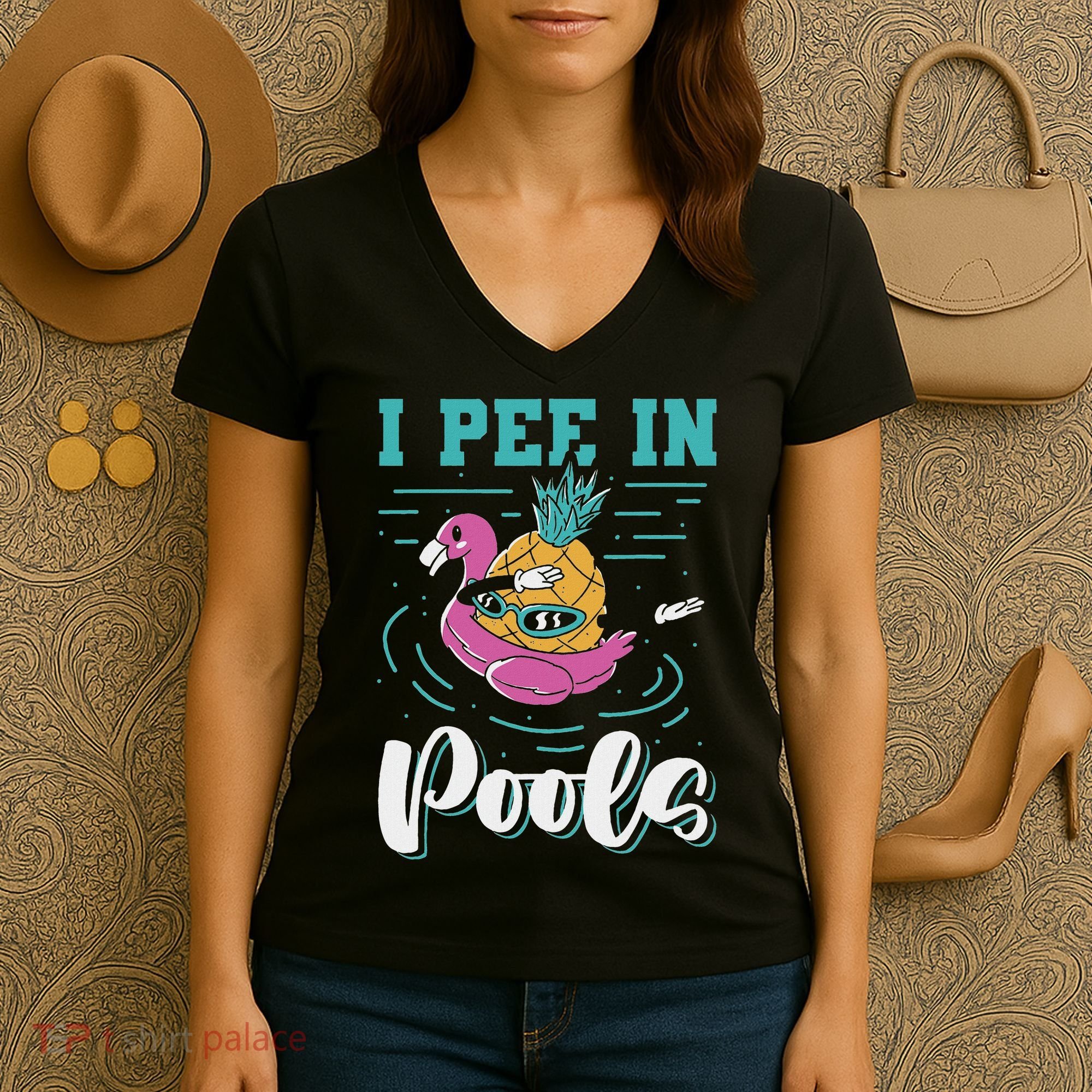 I Pee In Pools Swimming Joke Peeing In Public Pools Women's V-Neck T-Shirt