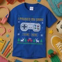 I Paused My Game To Be Here Gaming Ugly Christmas Sweater Gift Kids T-Shirt thumb 3