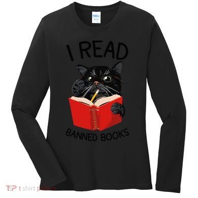 I Read Banned Books Black Cat Reader Librarian Freadom Women (1) Women's Long Sleeve Shirt