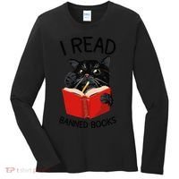 I Read Banned Books Black Cat Reader Librarian Freadom Women (1) Women's Long Sleeve Shirt thumb 0