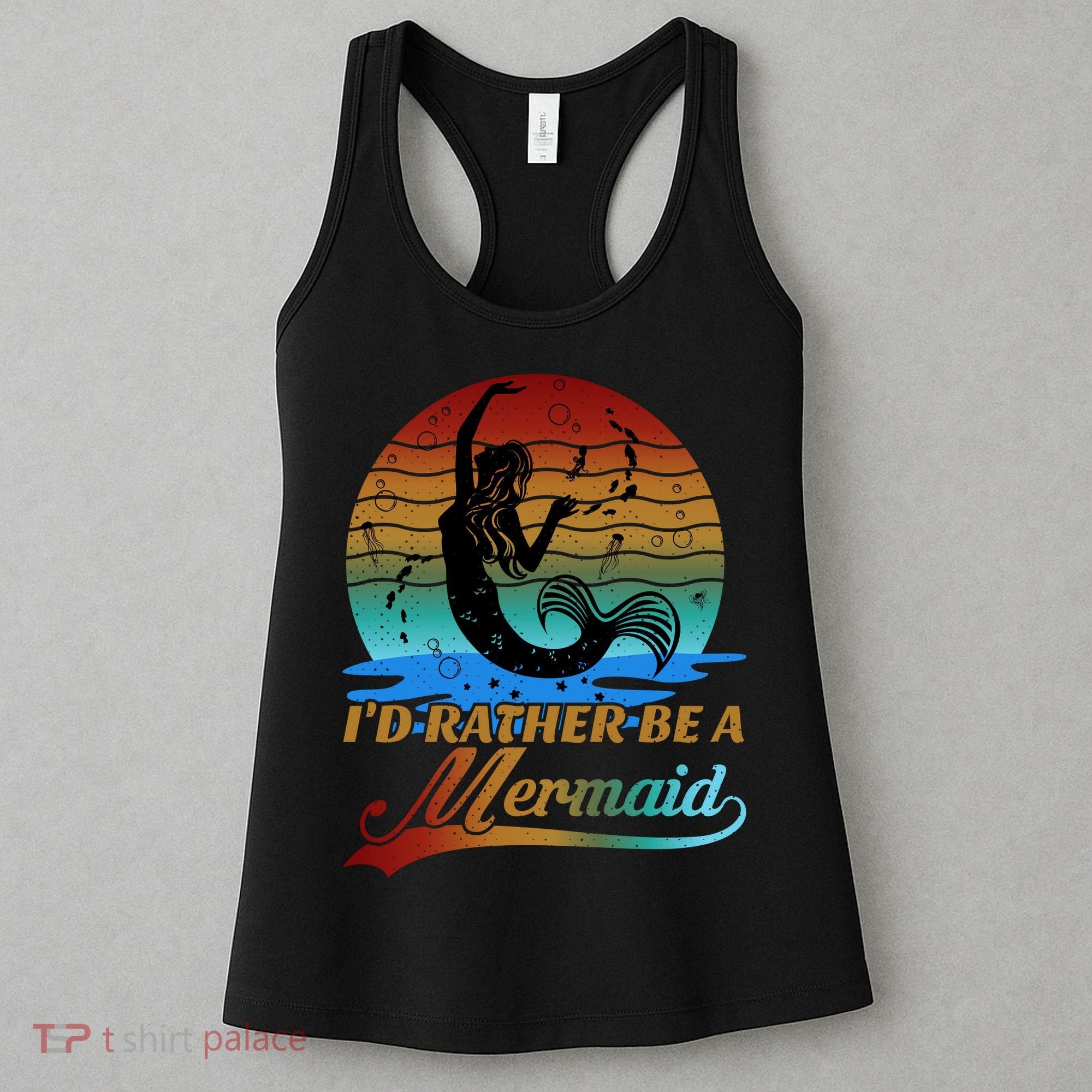 Id Rather Be A Mermaid Cute 90s Retro Sunset Silhouette Mermaid Slogan Women's Tank Top