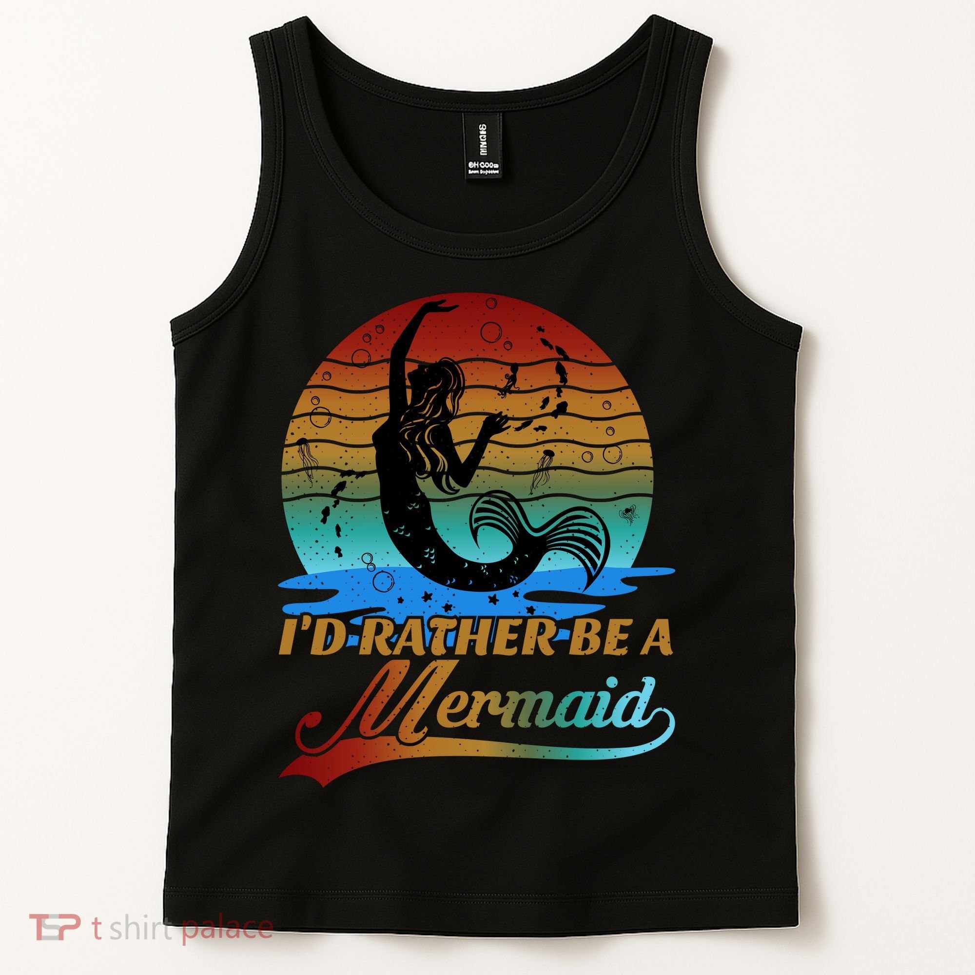 Id Rather Be A Mermaid Cute 90s Retro Sunset Silhouette Mermaid Slogan Tank Top