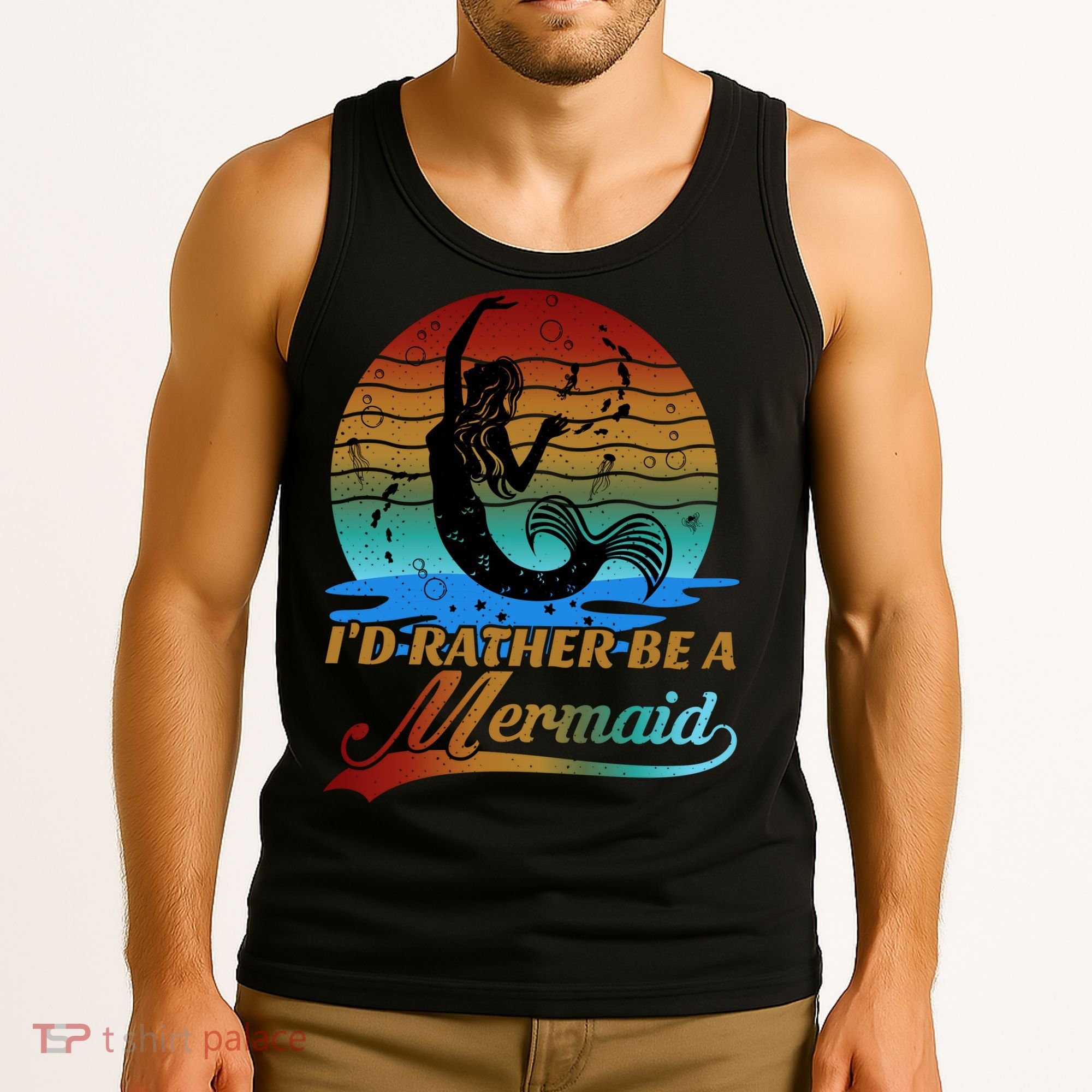 Id Rather Be A Mermaid Cute 90s Retro Sunset Silhouette Mermaid Slogan Tank Top