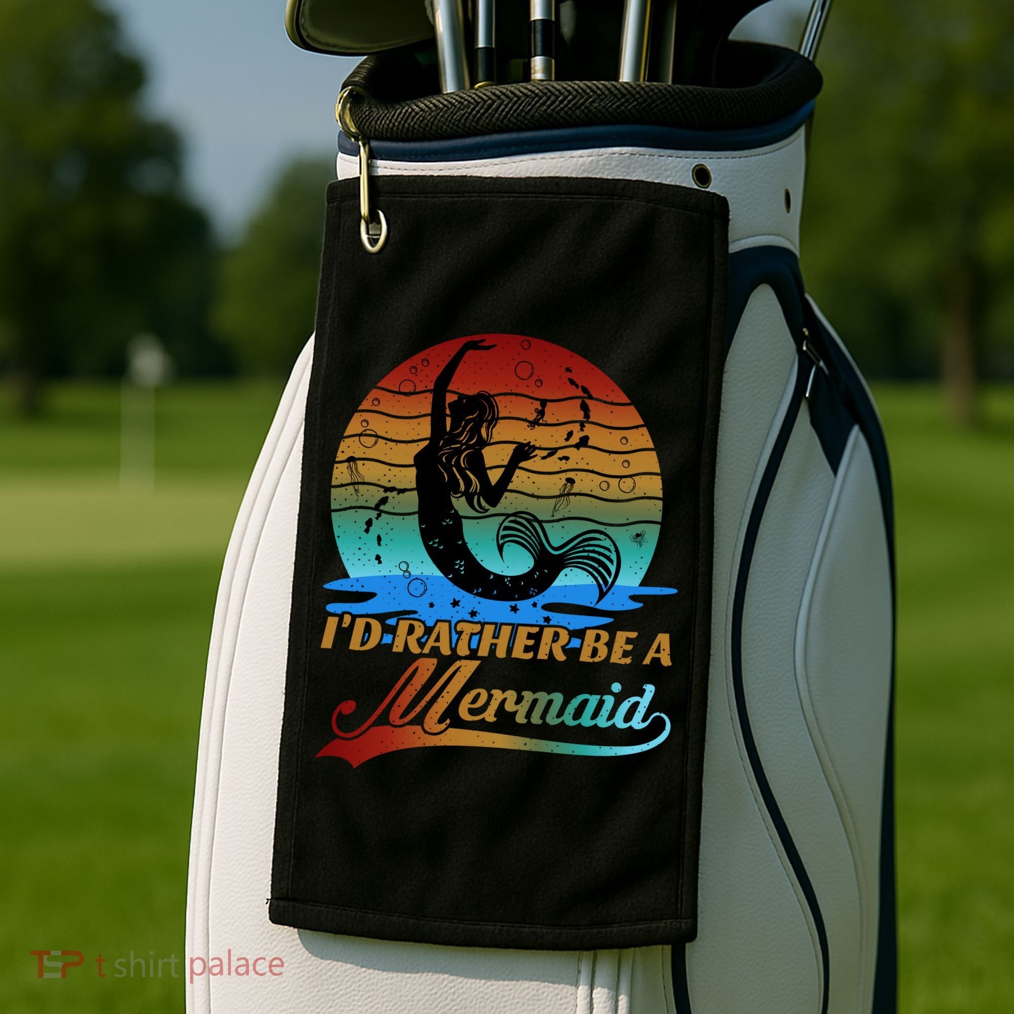 Id Rather Be A Mermaid Cute 90s Retro Sunset Silhouette Mermaid Slogan Golf Towel