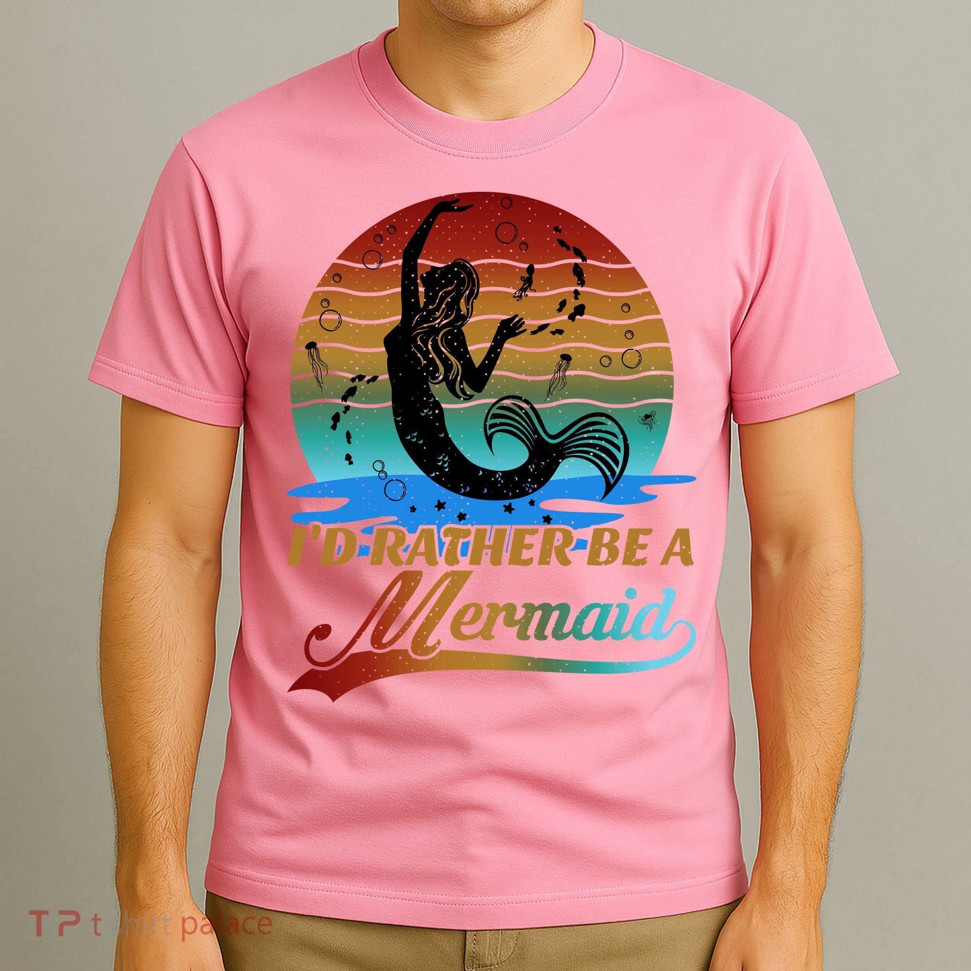 Id Rather Be A Mermaid Cute 90s Retro Sunset Silhouette Mermaid Slogan T-Shirt