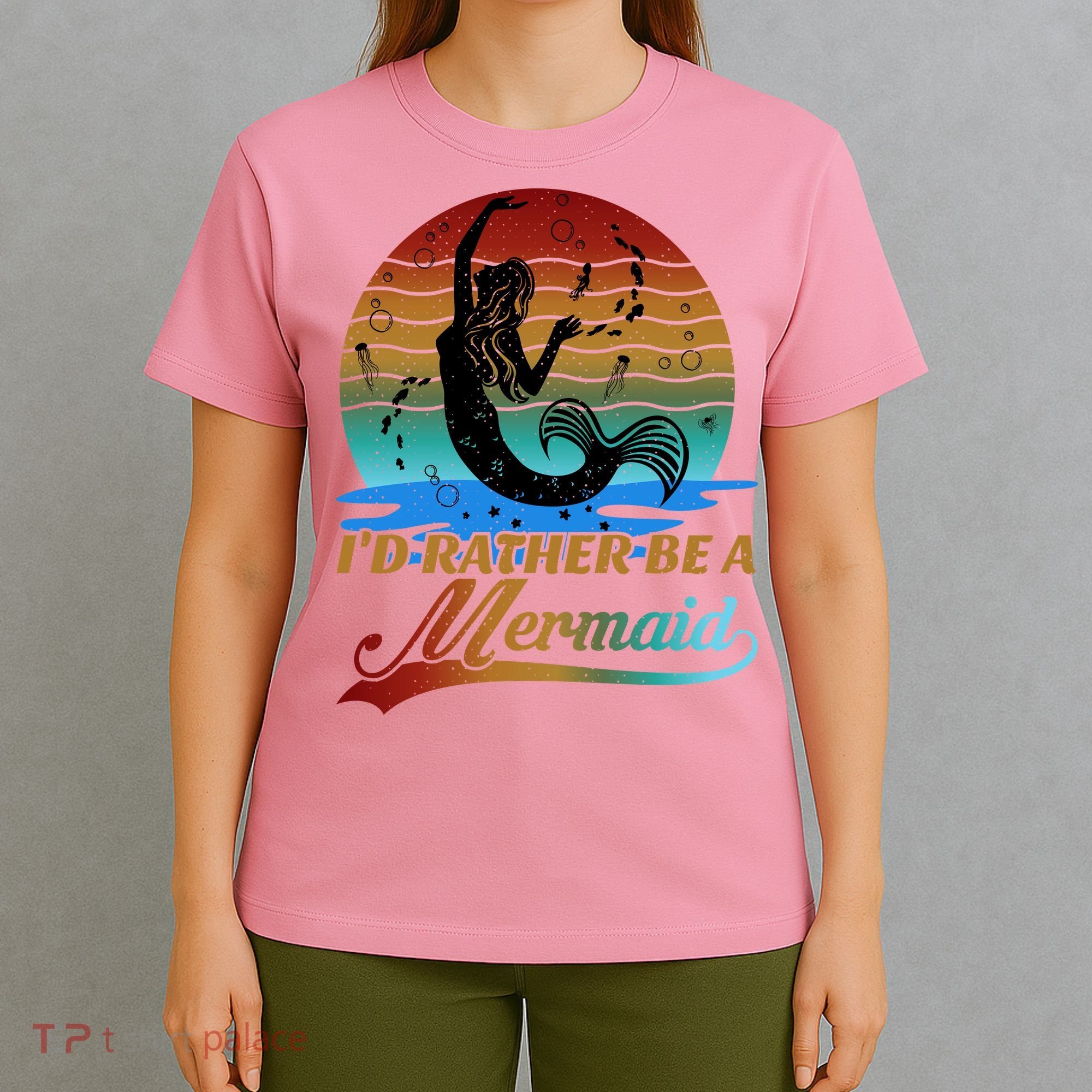 Id Rather Be A Mermaid Cute 90s Retro Sunset Silhouette Mermaid Slogan T-Shirt