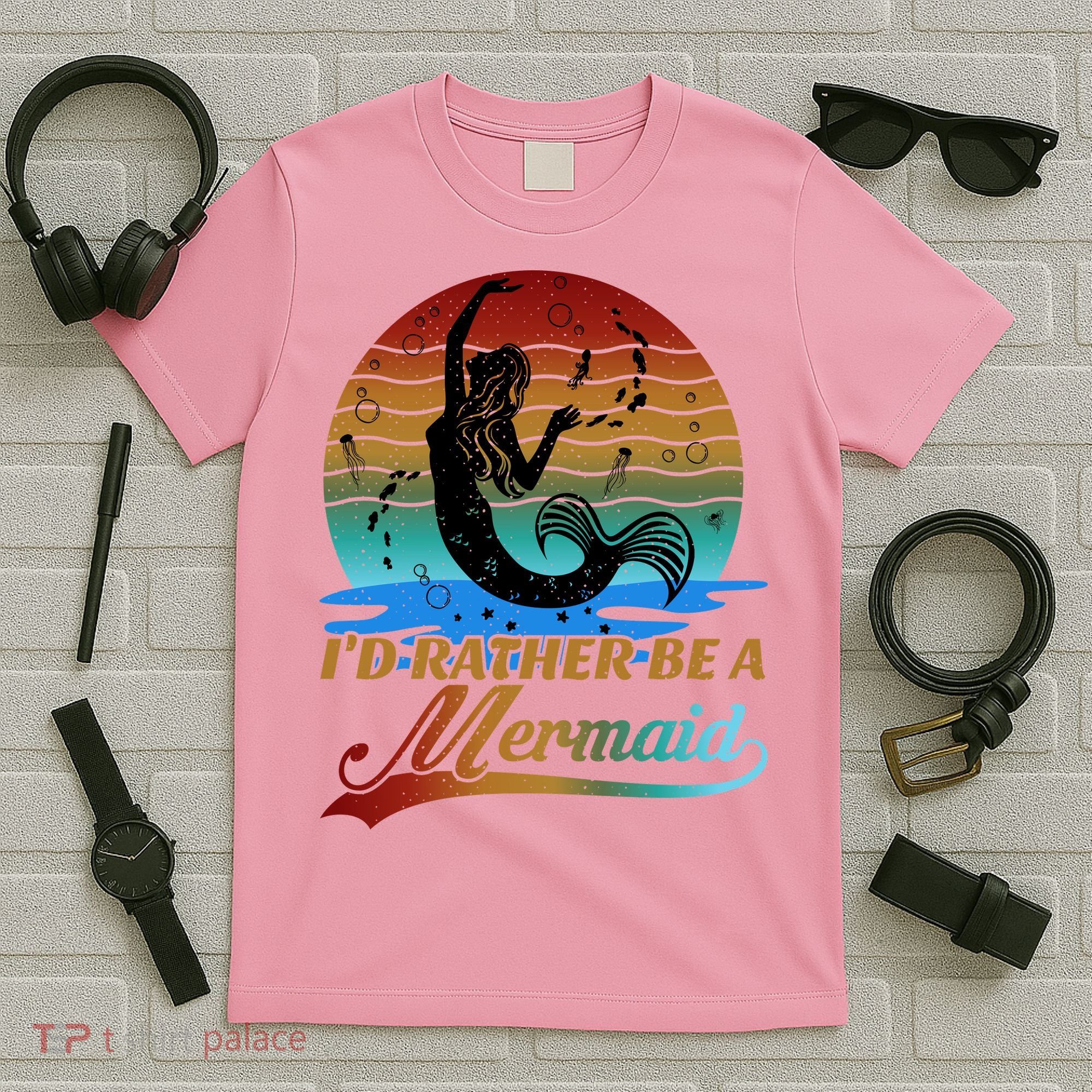 Id Rather Be A Mermaid Cute 90s Retro Sunset Silhouette Mermaid Slogan T-Shirt