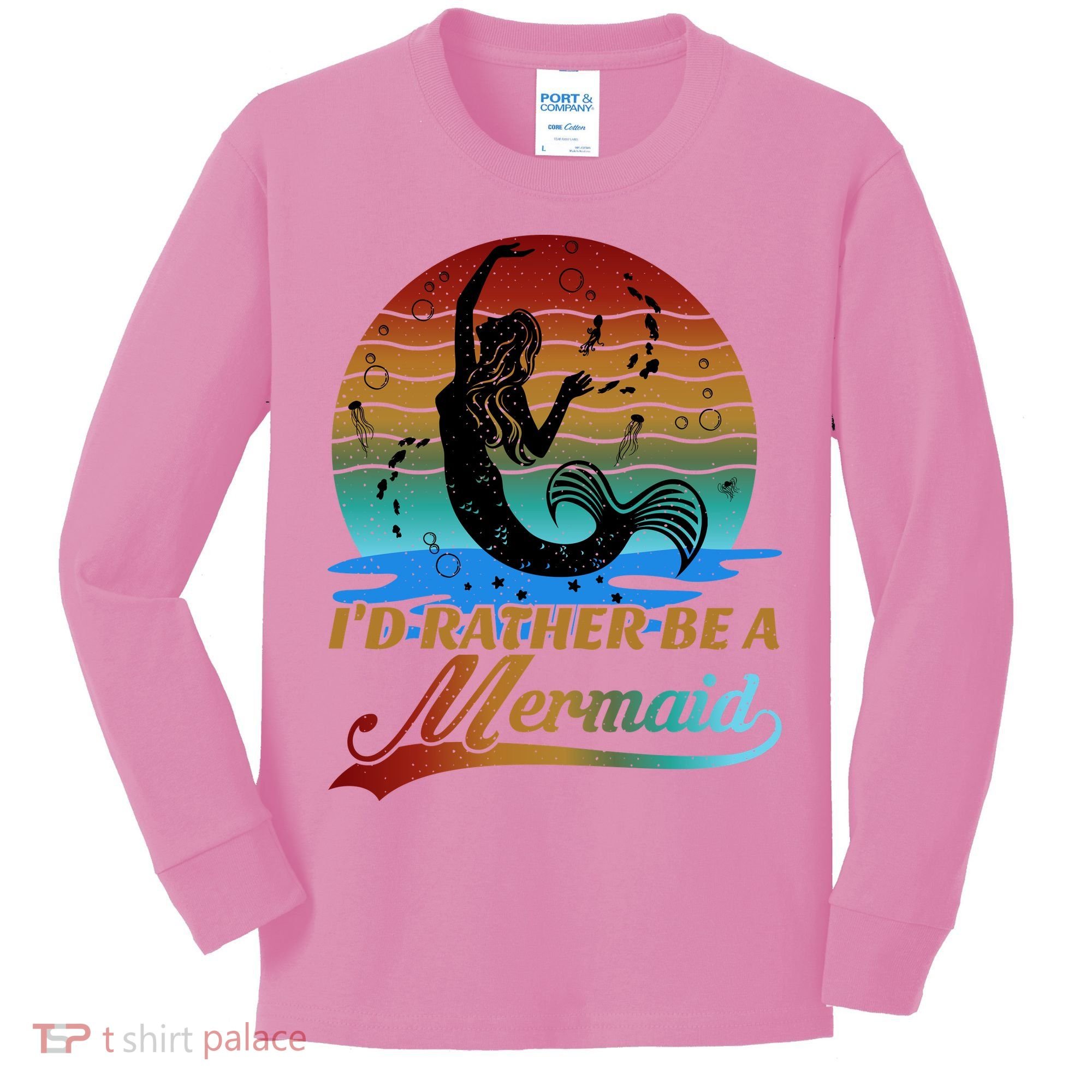 Id Rather Be A Mermaid Cute 90s Retro Sunset Silhouette Mermaid Slogan Kids Long Sleeve Shirt