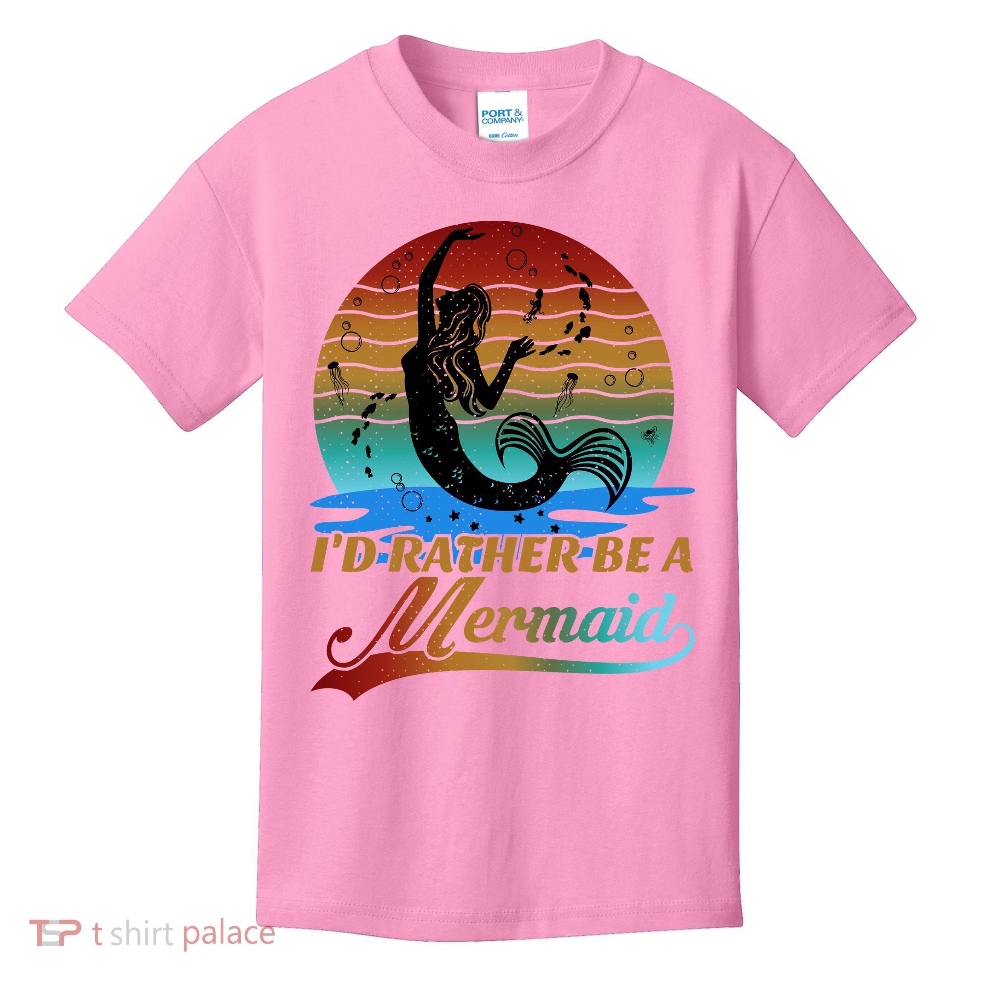 Id Rather Be A Mermaid Cute 90s Retro Sunset Silhouette Mermaid Slogan Kids T-Shirt