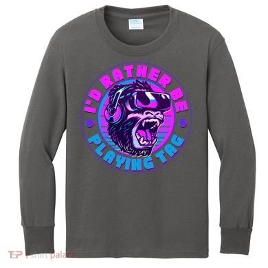 ID Rather Be Playing Tag Vr Gamer Ape Gorilla Kids Long Sleeve Shirt