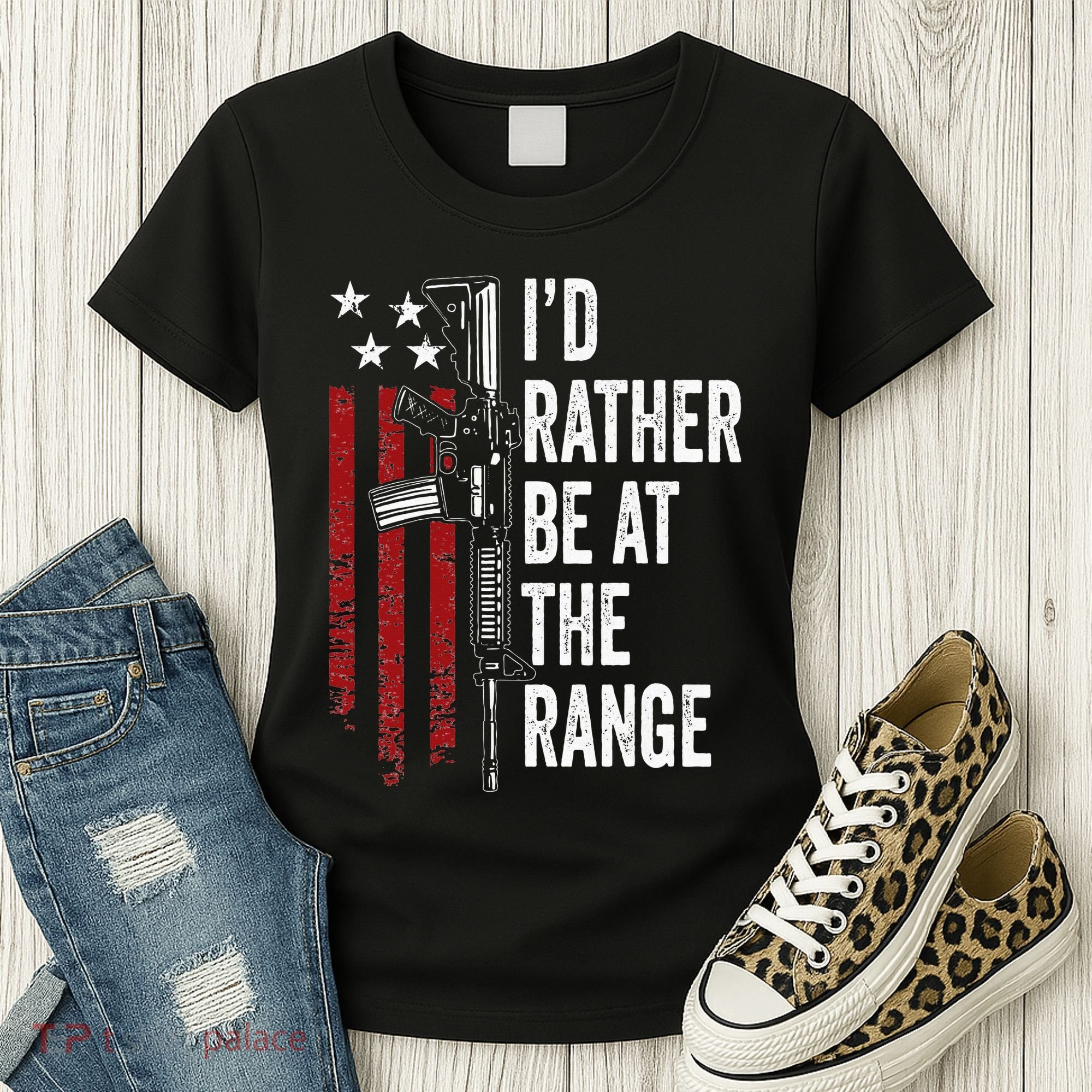 ID Rather Be At The Gun Range Usa Flag Funny Guns Owner Women's T-Shirt
