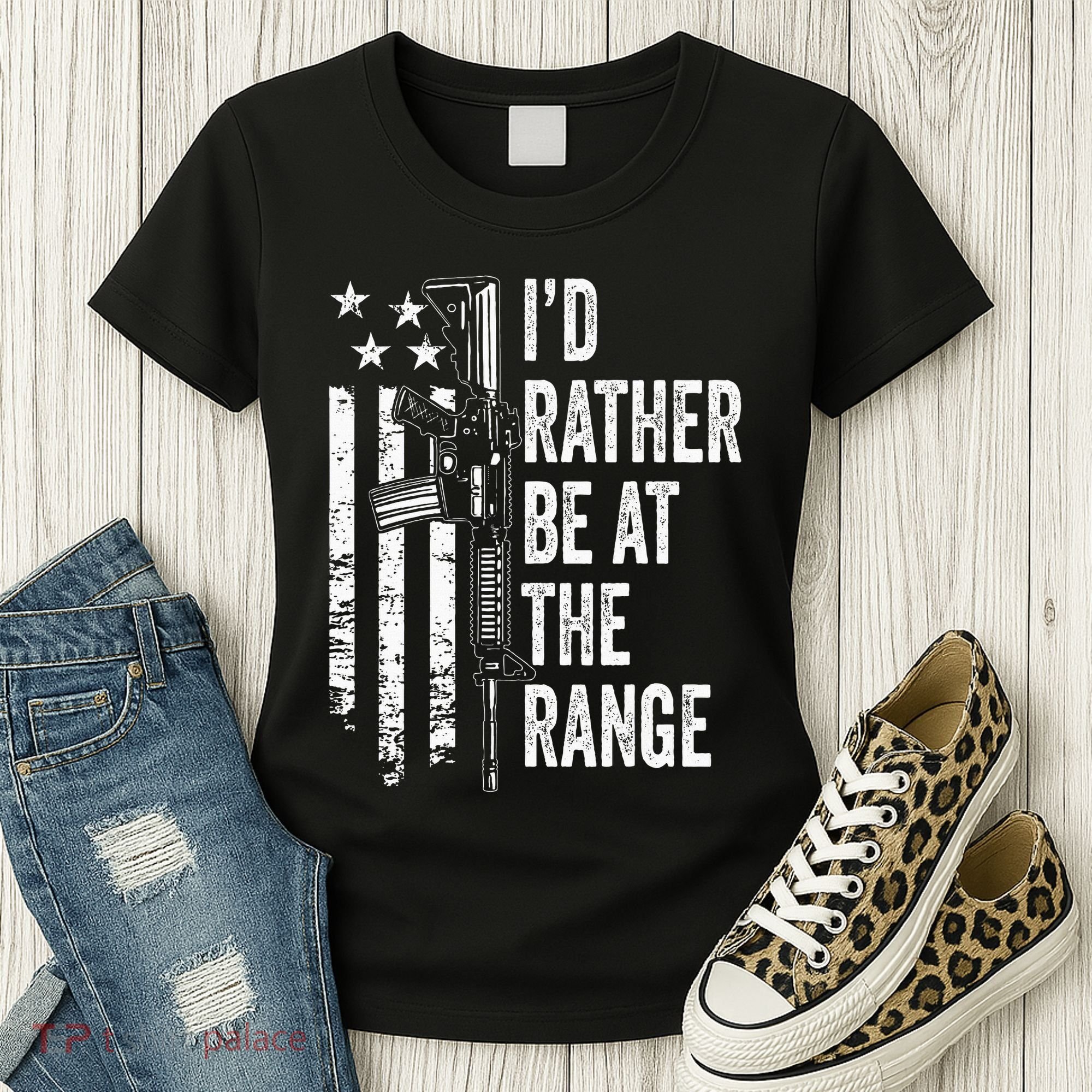 ID Rather Be At The Gun Range Usa Flag Funny Guns Joke Women's T-Shirt