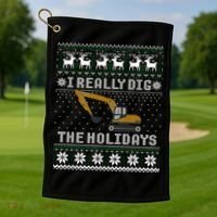 I Really Dig The Holidays Excavator Christmas Ugly Sweater Gift Golf Towel thumb 1