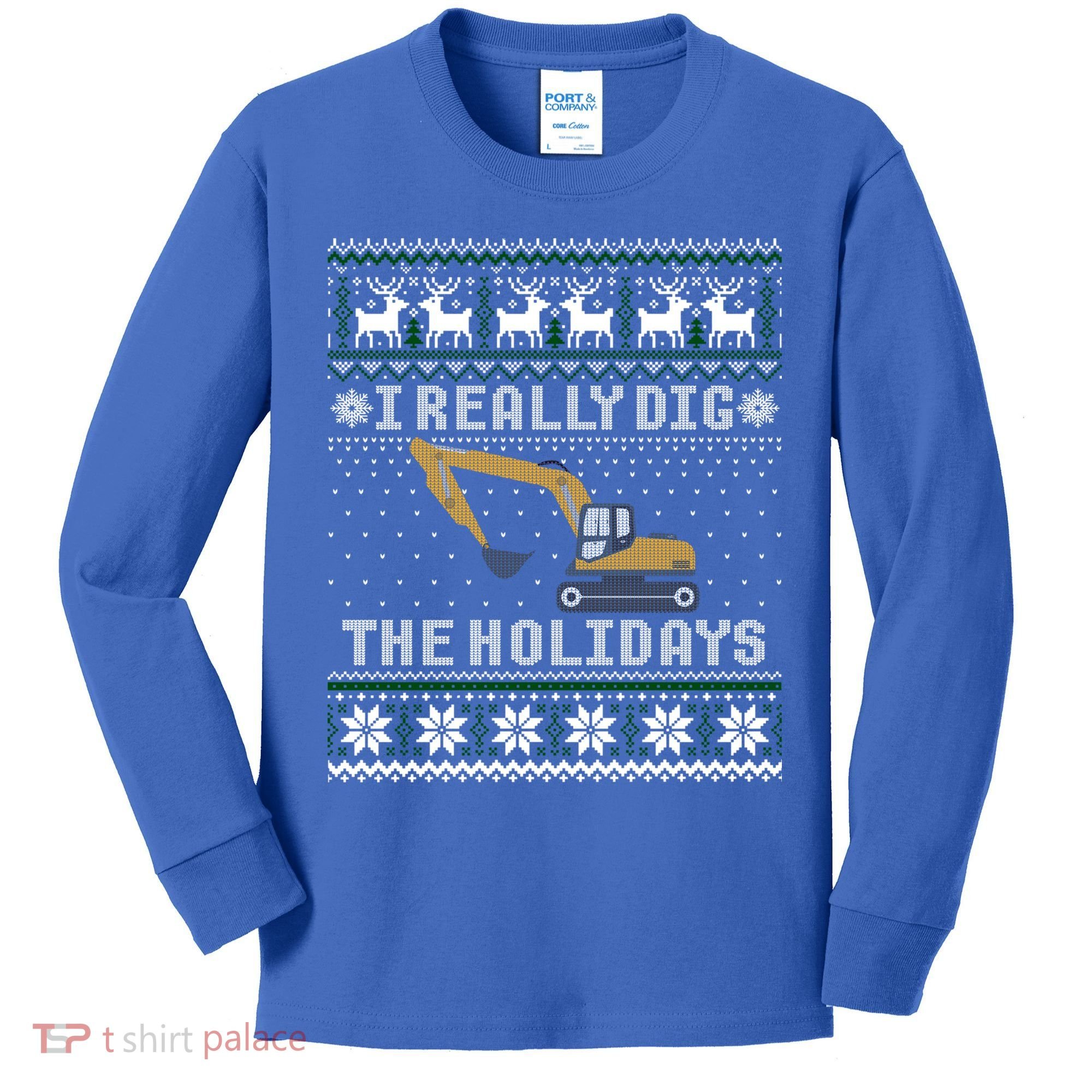 I Really Dig The Holidays Excavator Christmas Ugly Sweater Gift Kids Long Sleeve Shirt