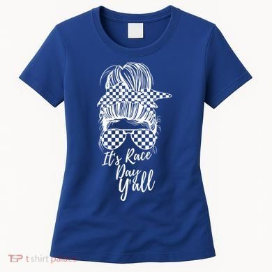 It's Race Day Y'all Checkered Flag Racing Messy Bun Design Cool Gift Women's T-Shirt