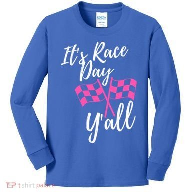 It's Race Day Y’all Checkered Flag Pit Crew Racing Track Gift Kids Long Sleeve Shirt