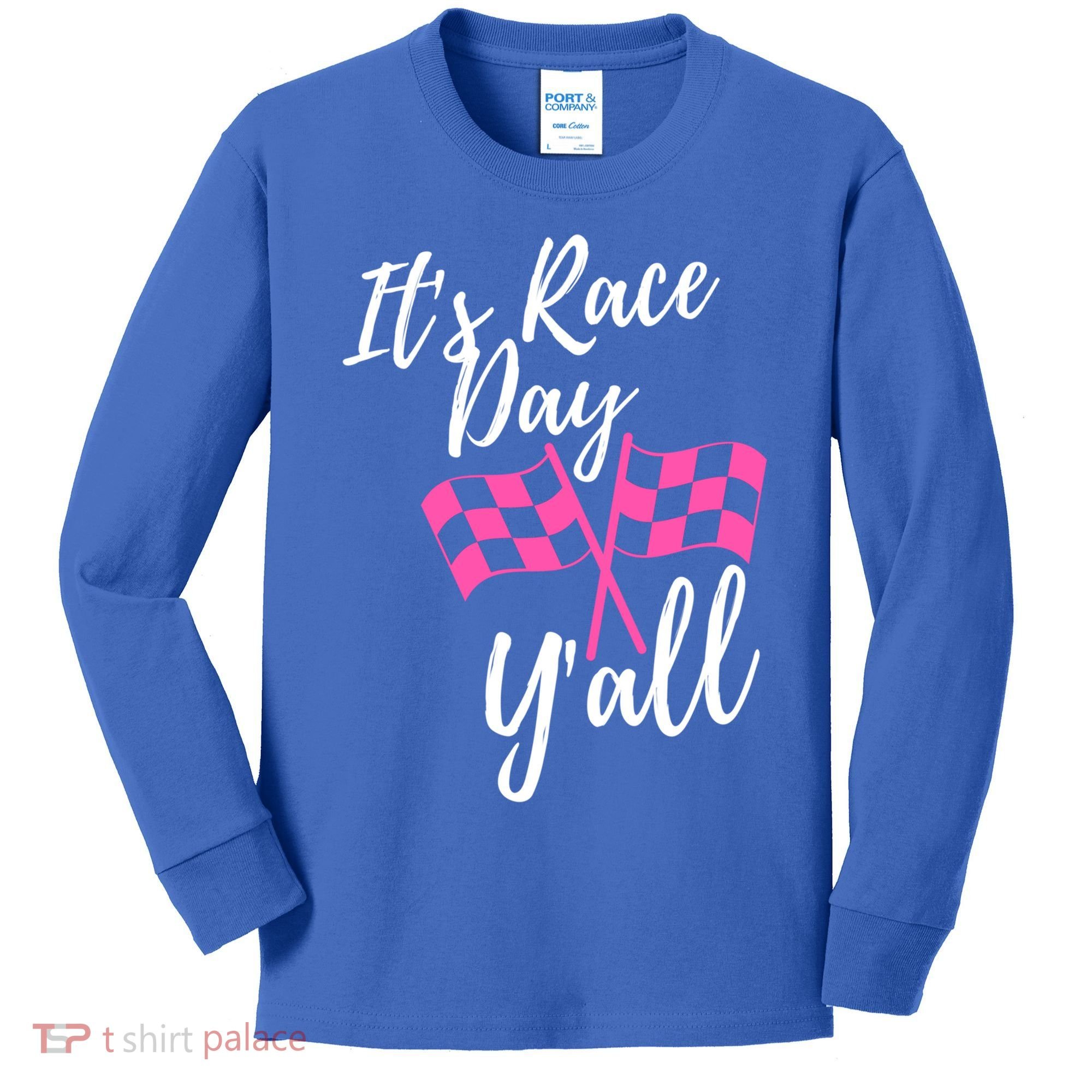 It's Race Day Y’all Checkered Flag Pit Crew Racing Track Gift Kids Long Sleeve Shirt