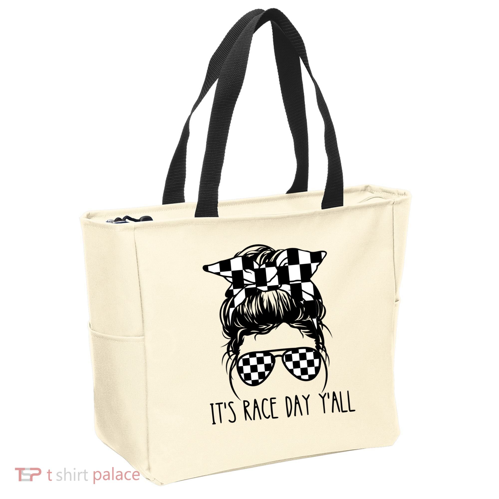 It's Race Day Y'all Checkered Flag Messy Bun Racing Lovers Great Gift Tote Bag