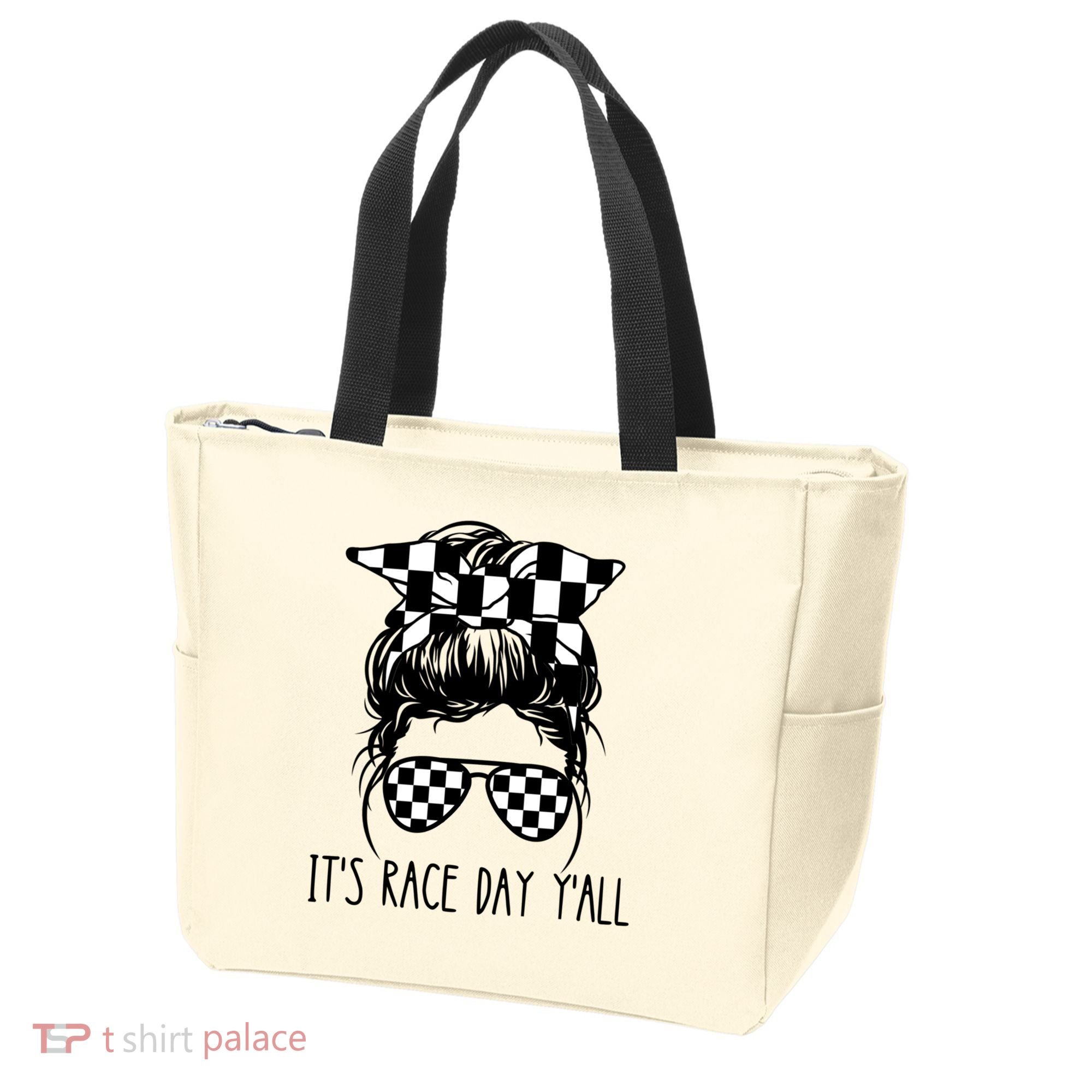 It's Race Day Y'all Checkered Flag Messy Bun Racing Lovers Great Gift Tote Bag