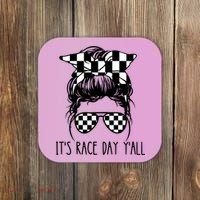 It's Race Day Y'all Checkered Flag Messy Bun Racing Lovers Great Gift Coaster thumb 0