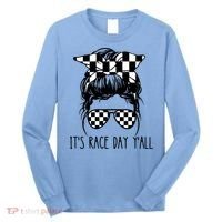It's Race Day Y'all Checkered Flag Messy Bun Racing Lovers Great Gift Long Sleeve Shirt thumb 0