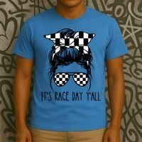 It's Race Day Y'all Checkered Flag Messy Bun Racing Lovers Great Gift T-Shirt thumb 3