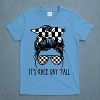 It's Race Day Y'all Checkered Flag Messy Bun Racing Lovers Great Gift T-Shirt thumb 4