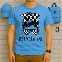 It's Race Day Y'all Checkered Flag Messy Bun Racing Lovers Great Gift T-Shirt thumb 5