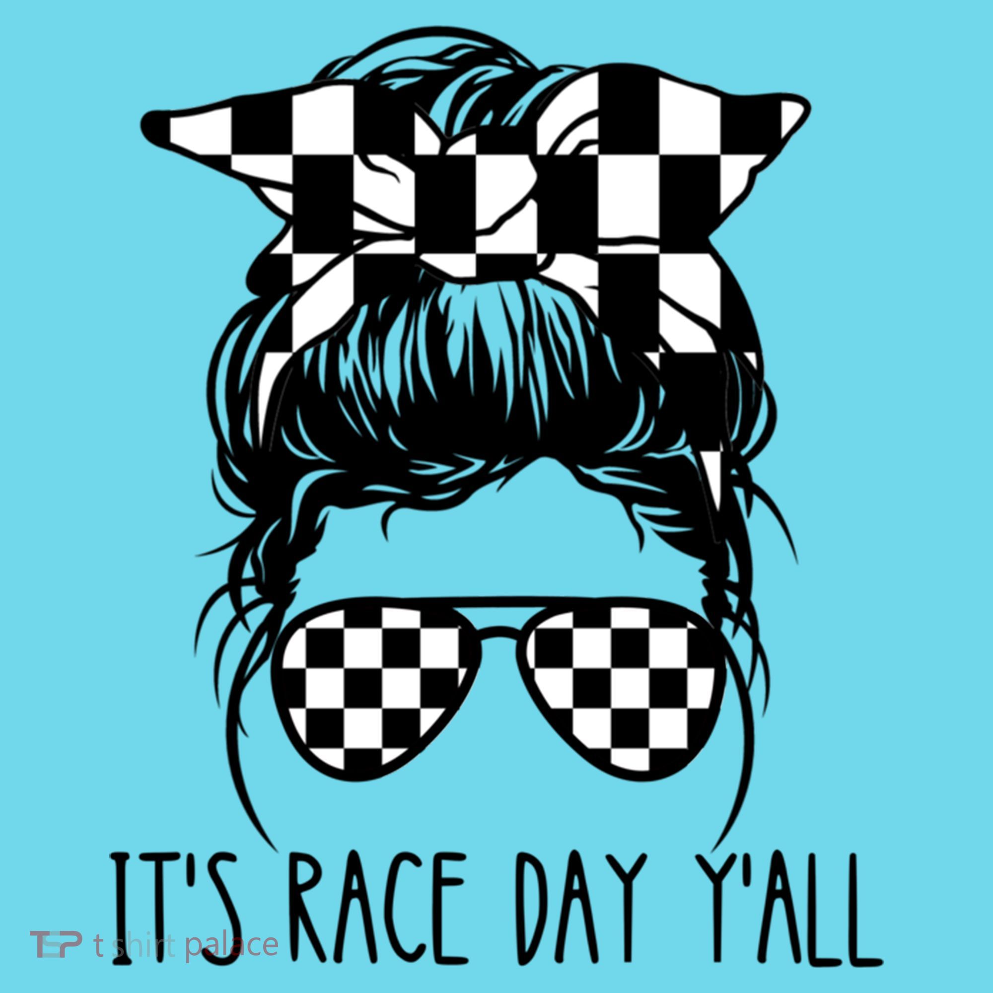 It's Race Day Y'all Checkered Flag Messy Bun Racing Lovers Great Gift Kids Long Sleeve Shirt