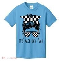 It's Race Day Y'all Checkered Flag Messy Bun Racing Lovers Great Gift Kids T-Shirt thumb 0