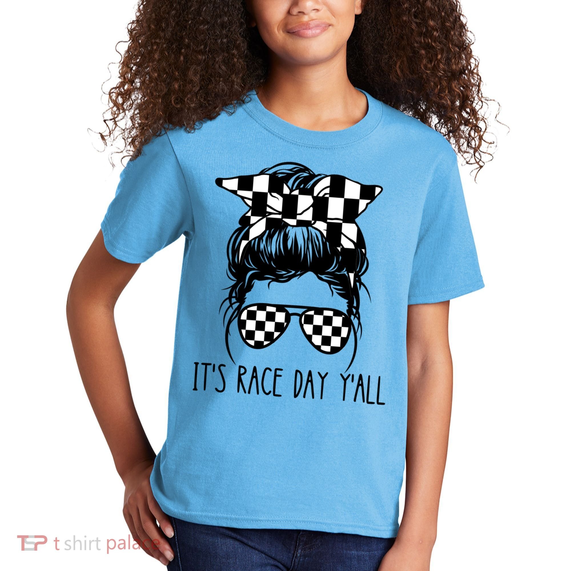 It's Race Day Y'all Checkered Flag Messy Bun Racing Lovers Great Gift Kids T-Shirt