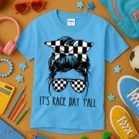 It's Race Day Y'all Checkered Flag Messy Bun Racing Lovers Great Gift Kids T-Shirt thumb 3