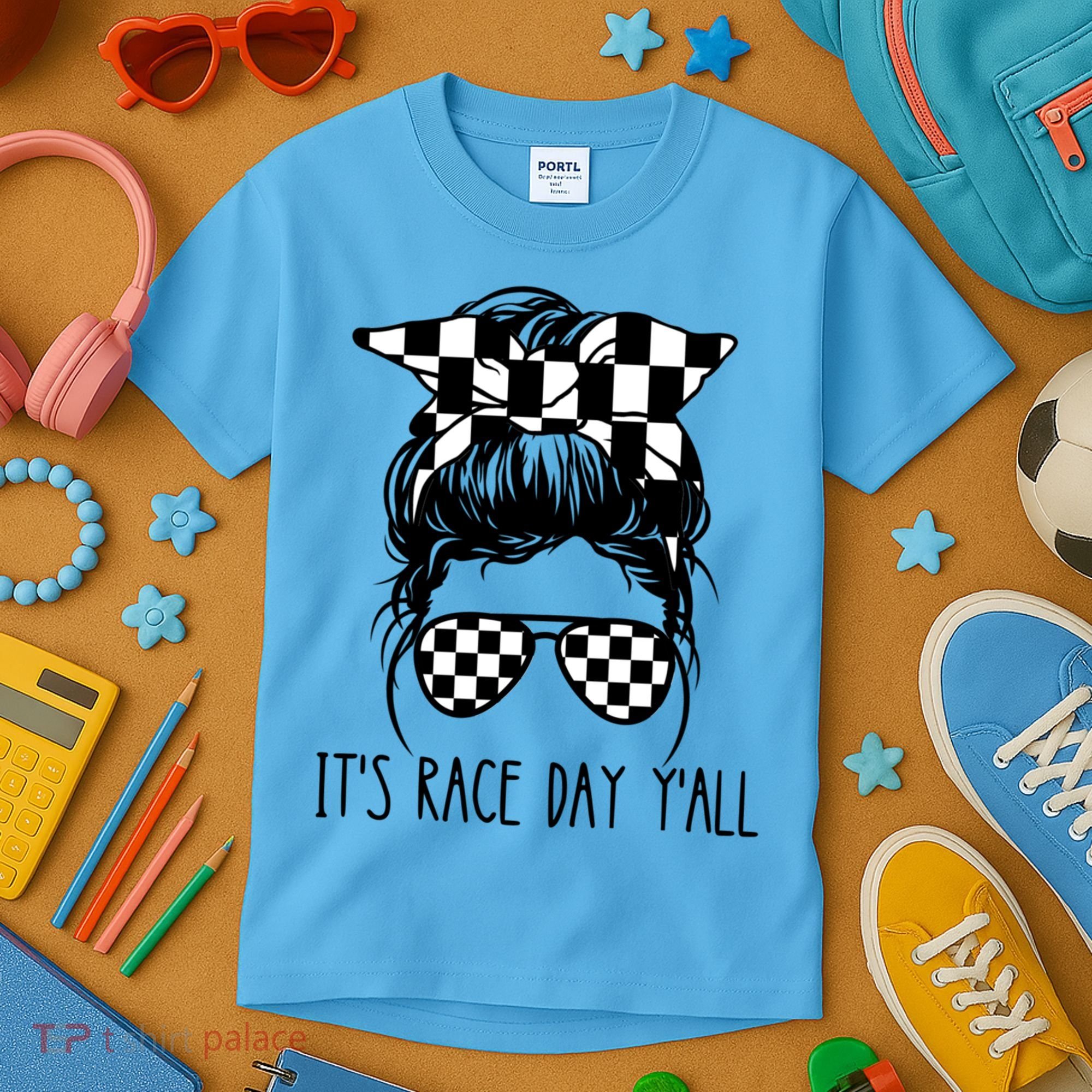 It's Race Day Y'all Checkered Flag Messy Bun Racing Lovers Great Gift Kids T-Shirt