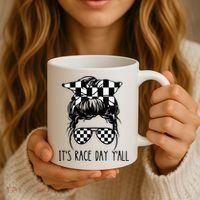 It's Race Day Y'all Checkered Flag Messy Bun Racing Lovers Great Gift Coffee Mug thumb 3