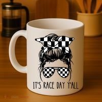 It's Race Day Y'all Checkered Flag Messy Bun Racing Lovers Great Gift Coffee Mug thumb 4
