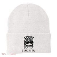 It's Race Day Y'all Checkered Flag Messy Bun Racing Lovers Great Gift Beanie thumb 0