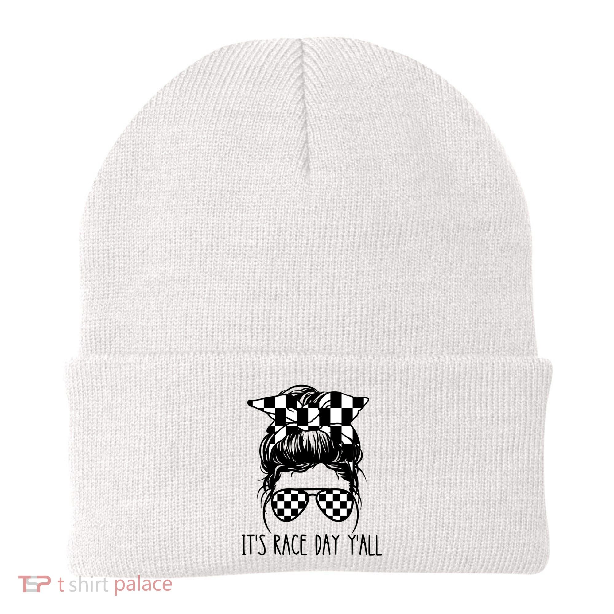 It's Race Day Y'all Checkered Flag Messy Bun Racing Lovers Great Gift Beanie