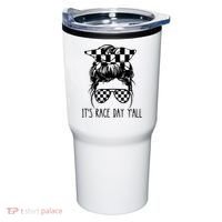 It's Race Day Y'all Checkered Flag Messy Bun Racing Lovers Great Gift Tumbler thumb 0