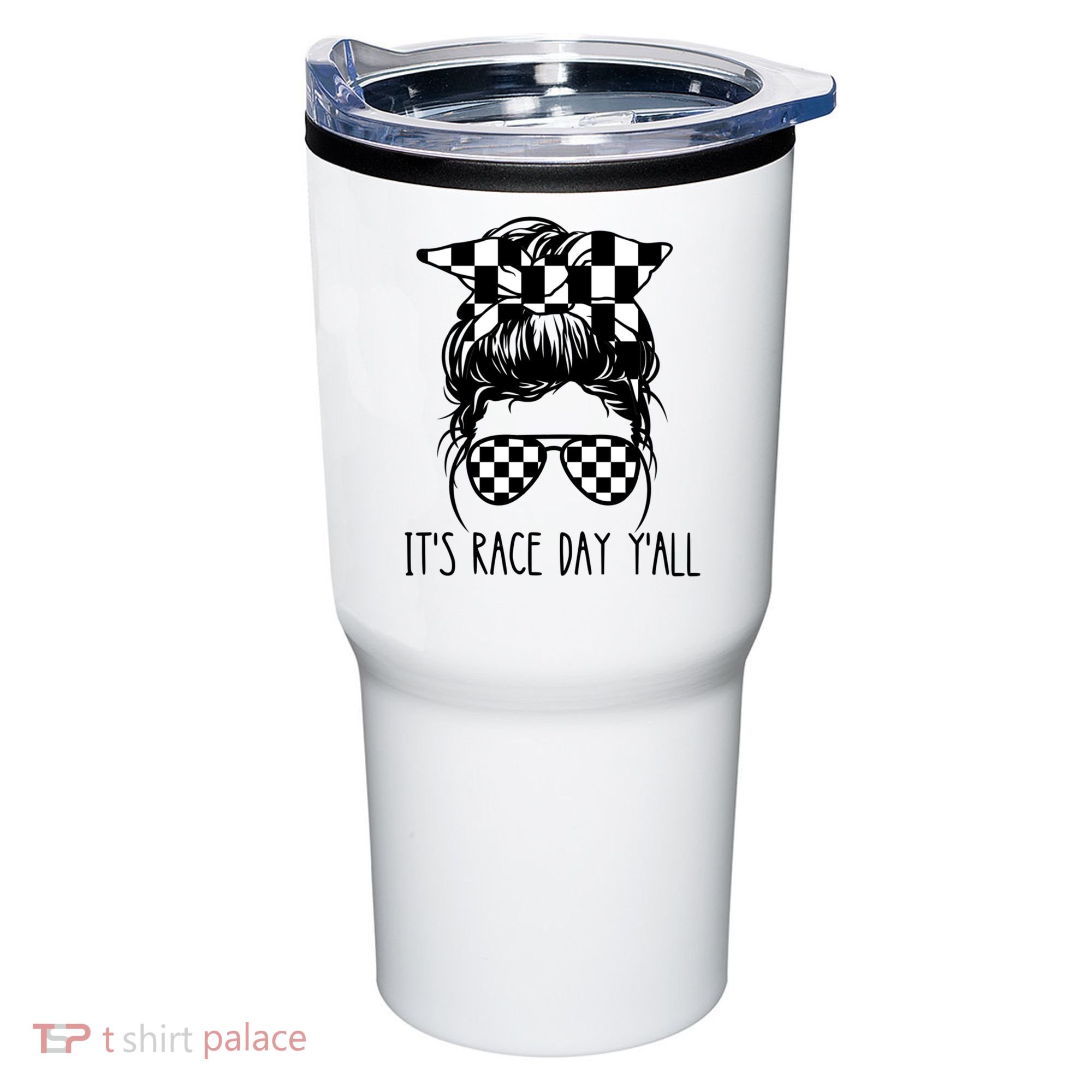 It's Race Day Y'all Checkered Flag Messy Bun Racing Lovers Great Gift Tumbler