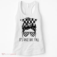 It's Race Day Y'all Checkered Flag Messy Bun Racing Lovers Great Gift Women's Tank Top thumb 0