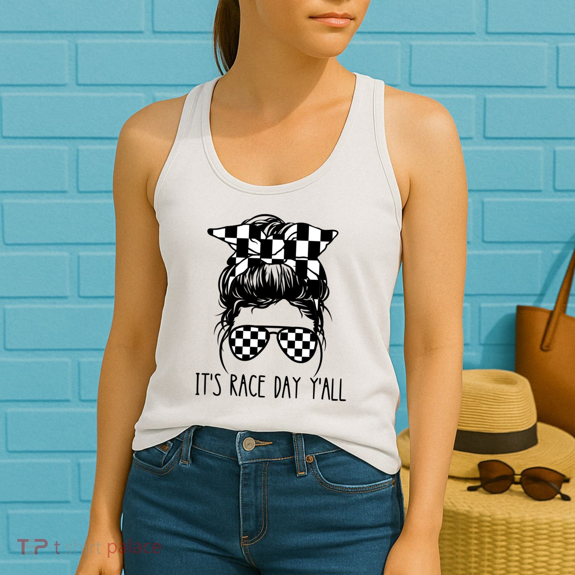 It's Race Day Y'all Checkered Flag Messy Bun Racing Lovers Great Gift Women's Tank Top