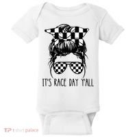 It's Race Day Y'all Checkered Flag Messy Bun Racing Lovers Great Gift Baby Bodysuit thumb 0