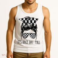 It's Race Day Y'all Checkered Flag Messy Bun Racing Lovers Great Gift Tank Top thumb 3