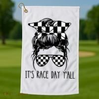 It's Race Day Y'all Checkered Flag Messy Bun Racing Lovers Great Gift Golf Towel thumb 1