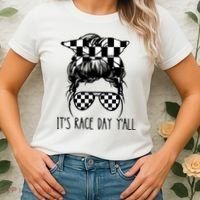 It's Race Day Y'all Checkered Flag Messy Bun Racing Lovers Great Gift Women's T-Shirt thumb 2